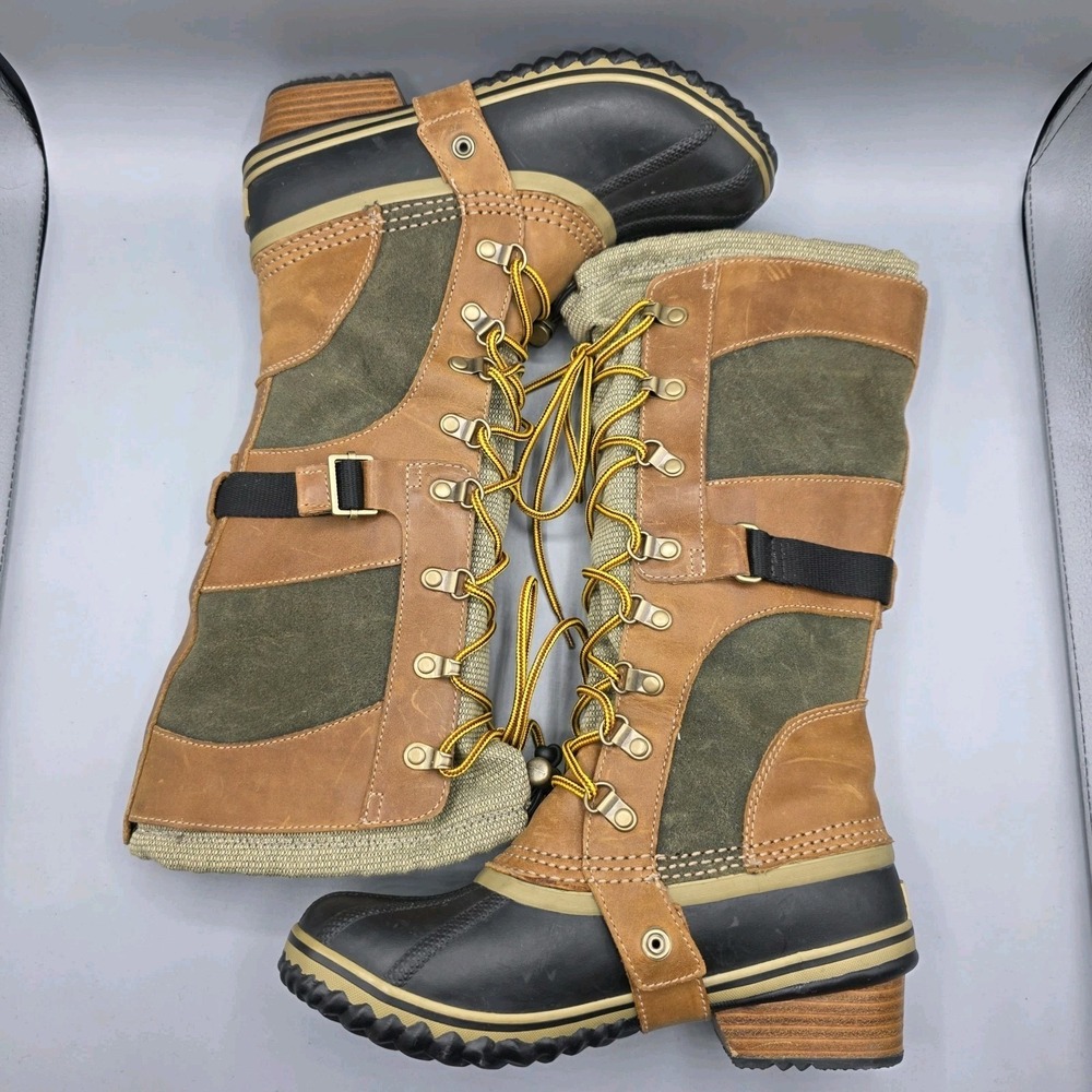 Sorel Conquest Carly II Boots Womens 6.5 Green Tan Tall Waterproof Winter‎ Duck - Picture 8 of 13